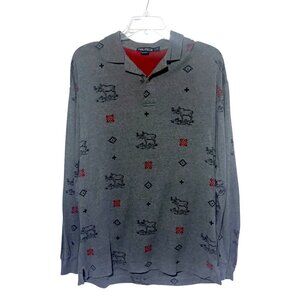Vintage 90s Nautica Moose Graphic Print Polo Shirt L Long Sleeves AOP Nordic